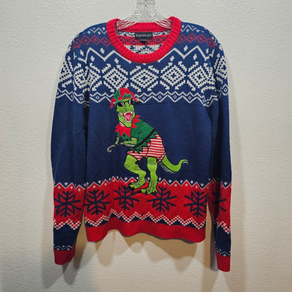 Blizzard Bay Mens Ugly Christmas Sweater T-Rex Elf Dinosaur Blue Red Large